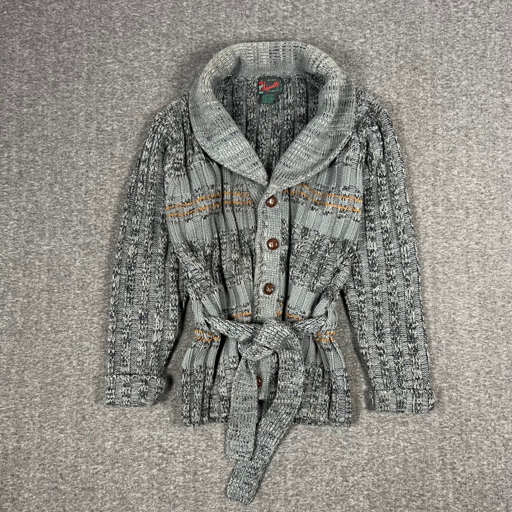 Vintage Sigallo Belt Knit Cardigan Sweater Men Large Grey Shawl Collar Old Money